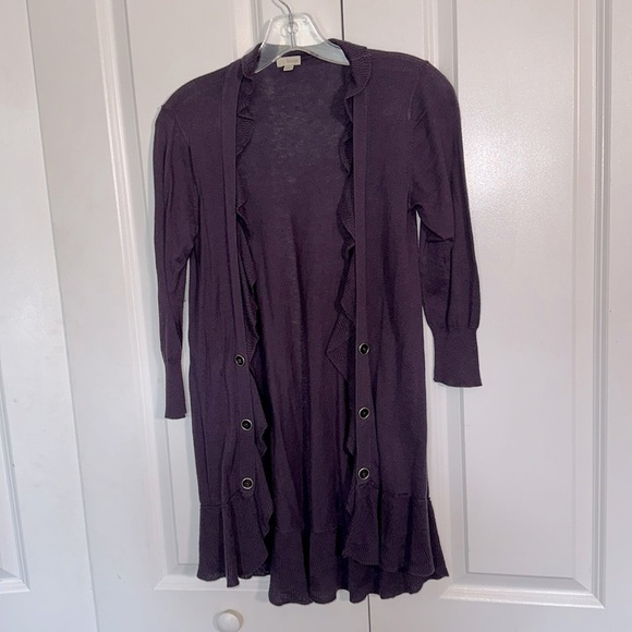 Hinge deep purple long knitted cotton & silk cardigan w/ruffles and buttons, S - Picture 1 of 6